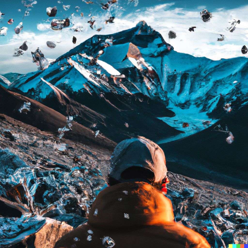someone gazing at Mount Everest, covered in exploding crystals